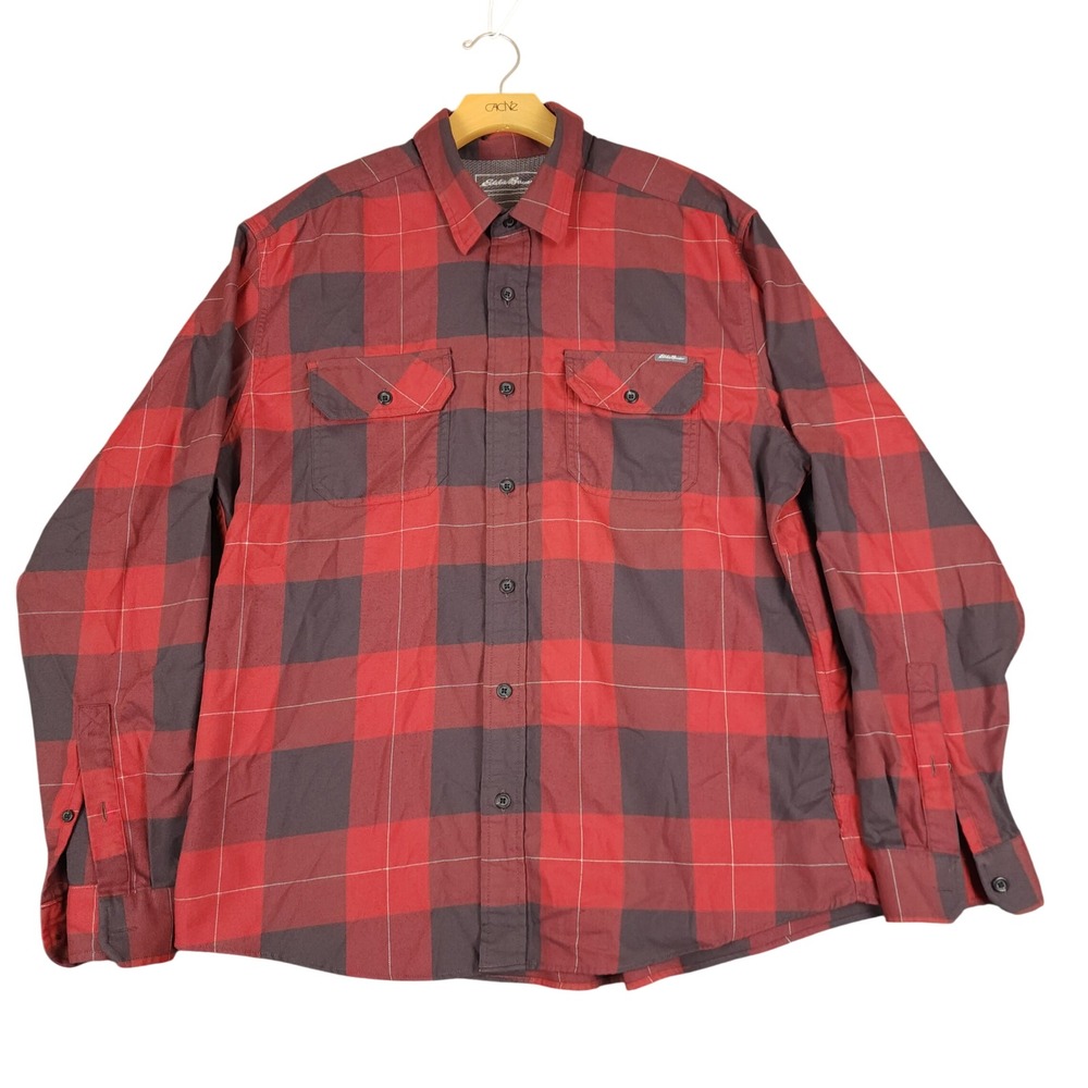 Eddie Bauer Mens XL Red Black Plaid Longโ Sleeve Button Up Shirt Flannel
